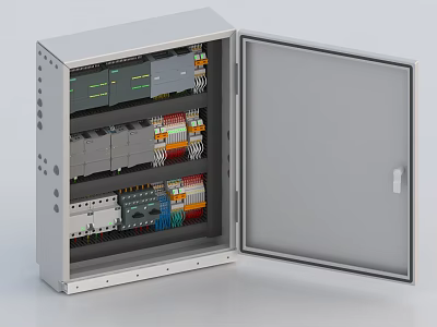 Industrial Electrical Control Cabinet With Open Door Showing Internal Modules And Colorful Wires 3d model