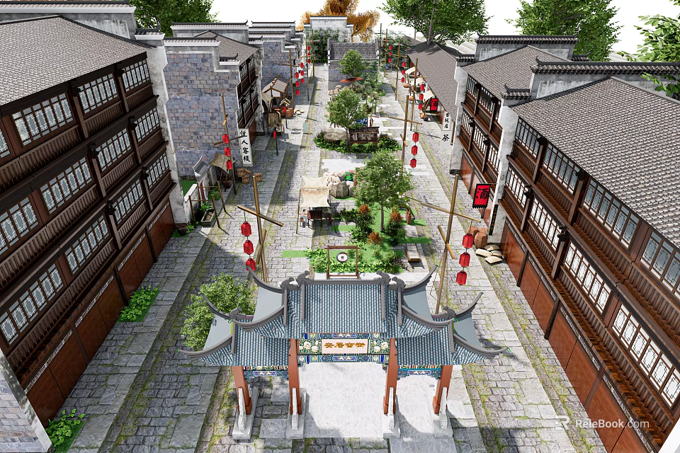 Traditional Commercial Street Featuring Archway Red Lanterns Green Plants Stone Paved Road and Ancient Buildings 3d model 