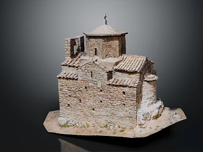 Cartoon Scene Featuring Detailed Stone Building Model With Dome Tiled Roof And Base 3d model