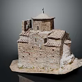 Cartoon Scene Featuring Detailed Stone Building Model With Dome Tiled Roof And Base