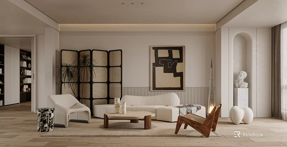 Minimalist Living Room Interior With White Sofa Wooden Chair And Artwork 3d model 