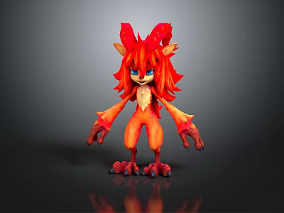 Fantasy Creature Character With Red Fluffy Fur Horns And Blue Eyes 3d model