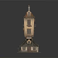 Cartoon Scene Featuring Tall Crooked Multi Story Wooden House With Red Roof Windows And Chimney
