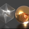 Modern Decorative Ornament Set with White Geometric Wire Frame and Golden Spiral Sphere Design