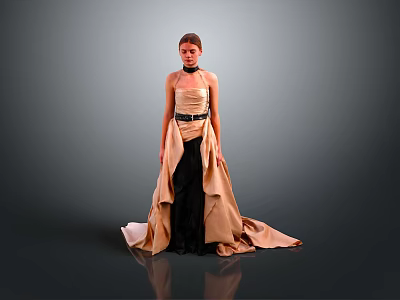 Elegant Women's Beige And Black Layered Dress For Daily Life Essential Wear 3d model