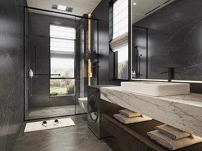 Modern Bathroom Interior With Glass Shower Large Window Washing Machine Marble Countertop And Towels 3d model