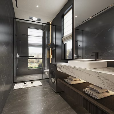Modern Bathroom Interior With Glass Shower Large Window Washing Machine Marble Countertop And Towels 3d model