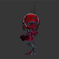Futuristic Red Armored Robot Character Standing With Mechanical Weapon Arm And Metallic Structure