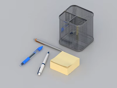 Desk Organizer Set With Metal Mesh Pen Holder Two Pens And Yellow Sticky Note 3d model