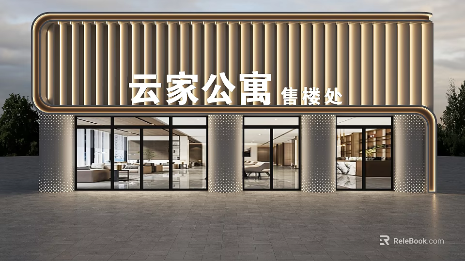 Modern Apartment Sales Office Storefront Design With Vertical Stripes And Glass Doors 3d model 