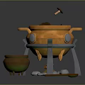 Enchanted Cauldron Setup With Golden Tripod Green Pot Stones And Wooden Spoon
