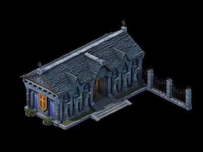 European Style Building with Gabled Roof Stone Arches and Iron Fence 3d model