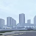Modern Commercial Street in Evening Scene with High-rise Buildings Pedestrians Greenery and Roads