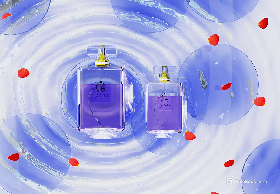 Purple Perfume Bottles Transparent Design Gold Caps Blue Bubbles Red Petals And Water Ripples 3d model 