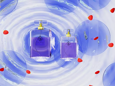 Purple Perfume Bottles Transparent Design Gold Caps Blue Bubbles Red Petals And Water Ripples 3d model