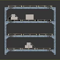 Industrial Metal Storage Rack With Multiple Shelves Wooden Pallets Holding White Boxes
