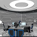 Modern Monitoring Room With Multiple Screens Control Console Ergonomic Chairs Blue Lighting And Geometric Walls