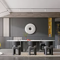Modern Restaurant Interior With Circular Dining Table Chairs Yellow Shelves And Circular Wall Decor