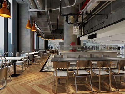 Modern Industrial Hotpot Restaurant Interior Design With Metal Tables Wooden Flooring Orange Pendant Lights 3d model
