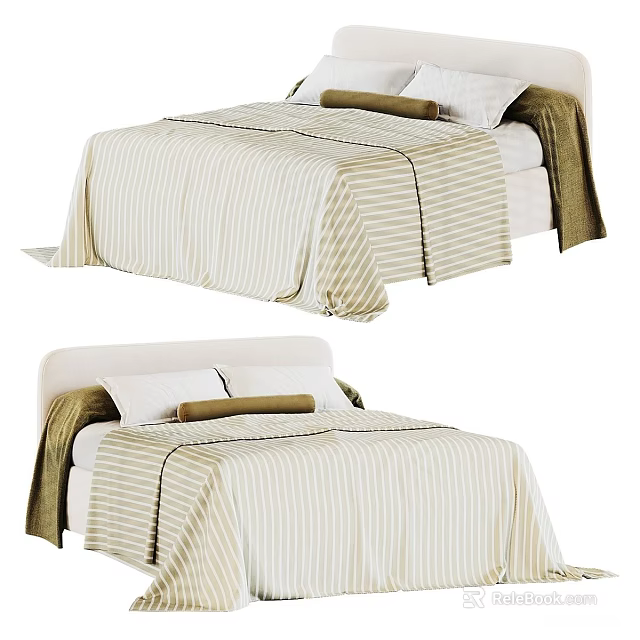 Double Bed With Striped Beige And Brown Bedspread And Headboard Cushions 3d model 