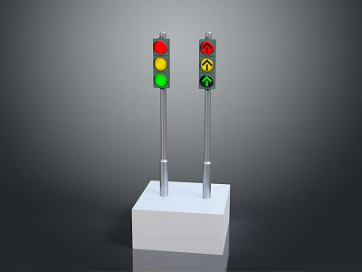 Two Traffic Lights With Red Yellow Green Lights And Upward Arrow On White Square Base 3d model