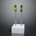 Two Traffic Lights With Red Yellow Green Lights And Upward Arrow On White Square Base