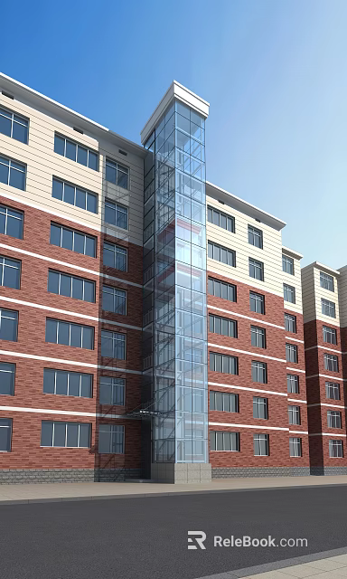 Modern Multi Story Building With Red Brick Facade White Trim And Glass Elevator Shaft 3d model 