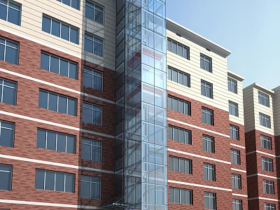 Modern Multi Story Building With Red Brick Facade White Trim And Glass Elevator Shaft 3d model