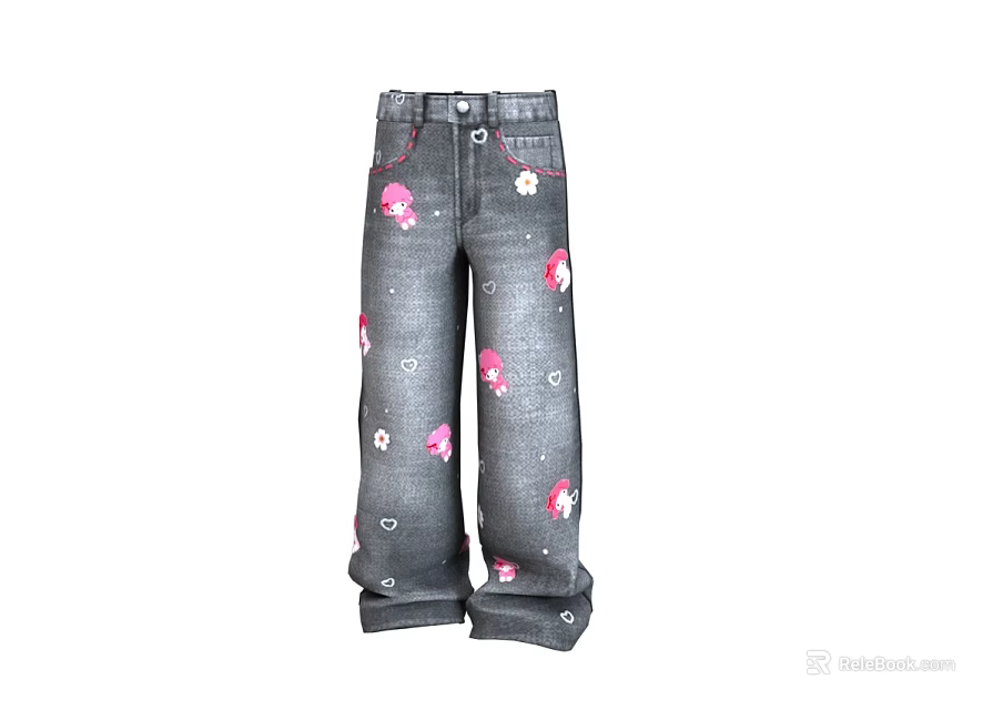 Gray Jeans With Pink Flowers And Dot Patterns Cute Casual Style For Daily Wear 3d model 