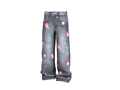 Gray Jeans With Pink Flowers And Dot Patterns Cute Casual Style For Daily Wear 3d model