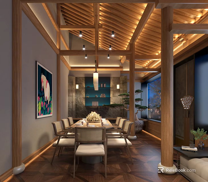Chinese Style Private Dining Room With Wooden Structure Long Table Chairs And Pendant Lights 3d model 