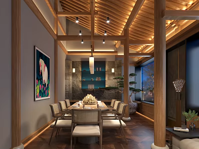 Chinese Style Private Dining Room With Wooden Structure Long Table Chairs And Pendant Lights 3d model