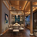 Chinese Style Private Dining Room With Wooden Structure Long Table Chairs And Pendant Lights