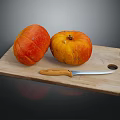 Fresh Pumpkins On Wooden Cutting Board With Wooden Handle Knife Against Dark Background
