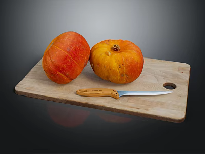 Fresh Pumpkins On Wooden Cutting Board With Wooden Handle Knife Against Dark Background 3d model