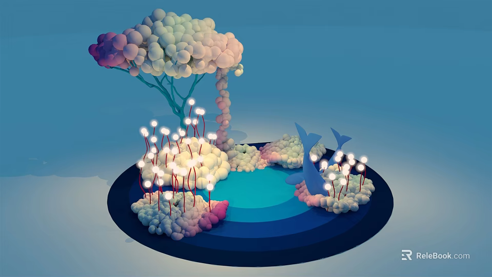 Imaginative Scene With Colorful Ball Tree Blue Water Glowing White Plants And Blue Dolphins 3d model 
