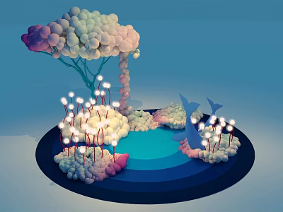Imaginative Scene With Colorful Ball Tree Blue Water Glowing White Plants And Blue Dolphins 3d model