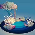 Imaginative Scene With Colorful Ball Tree Blue Water Glowing White Plants And Blue Dolphins