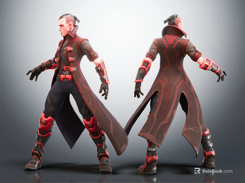 Futuristic Character 3D Model With Long Coat Red Accents Black Boots And Armor Details 3d model 