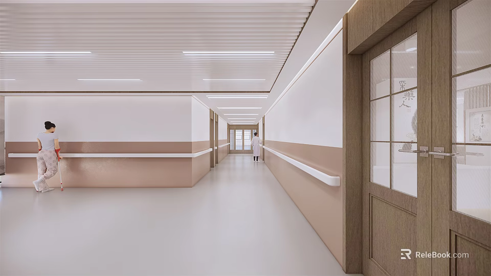 Bright Hospital Outpatient Clinic Corridor Interior with White Walls Wooden Doors and Handrails 3d model 