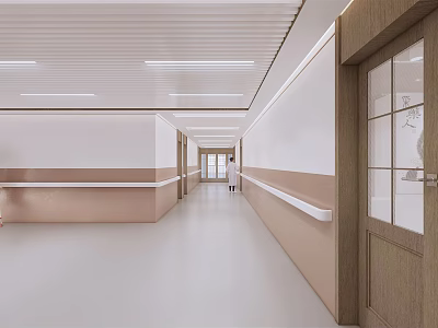 Bright Hospital Outpatient Clinic Corridor Interior with White Walls Wooden Doors and Handrails 3d model