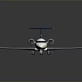 White Business Jet With Blue Tail Wings And Yellow Stripes Twin Engines On Gray Background