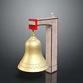 Brass Bell Hanging On Red Accent Wooden Support Structure With Dark Background