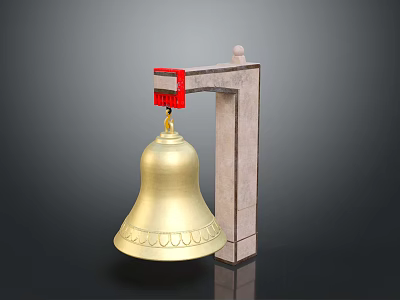 Brass Bell Hanging On Red Accent Wooden Support Structure With Dark Background 3d model