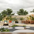 Stylish Courtyard Garden With Sofa Seating Fire Pit Dining Table Umbrella Green Plants And Lighting