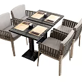 Modern Minimalist Dining Table Set with Woven Chairs and Square Dark Tabletop 3d model