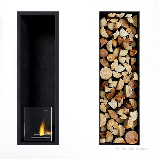 Modern Black Interior Fireplace Design With Flames And Stacked Wood Logs 3d model 