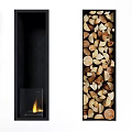 Modern Black Interior Fireplace Design With Flames And Stacked Wood Logs