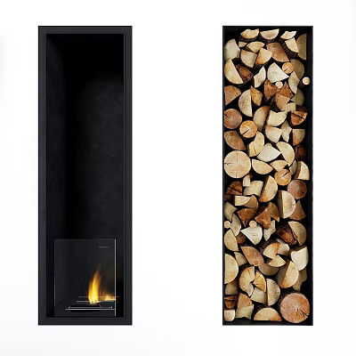 Modern Black Interior Fireplace Design With Flames And Stacked Wood Logs 3d model