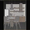 Rustic Kitchen Dining Set With Round Wooden Table Wicker Chairs And Pendant Light 3d model